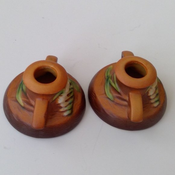 S/2 Vintage Ceramic Roseville Pottery Brown / Tan Freesia Candlestick Holders - Picture 5 of 7